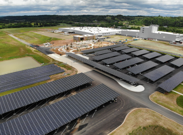 Solar parking canopies helped Nokian Tyres acheive LEED Silver certification for their manufacturing facility.